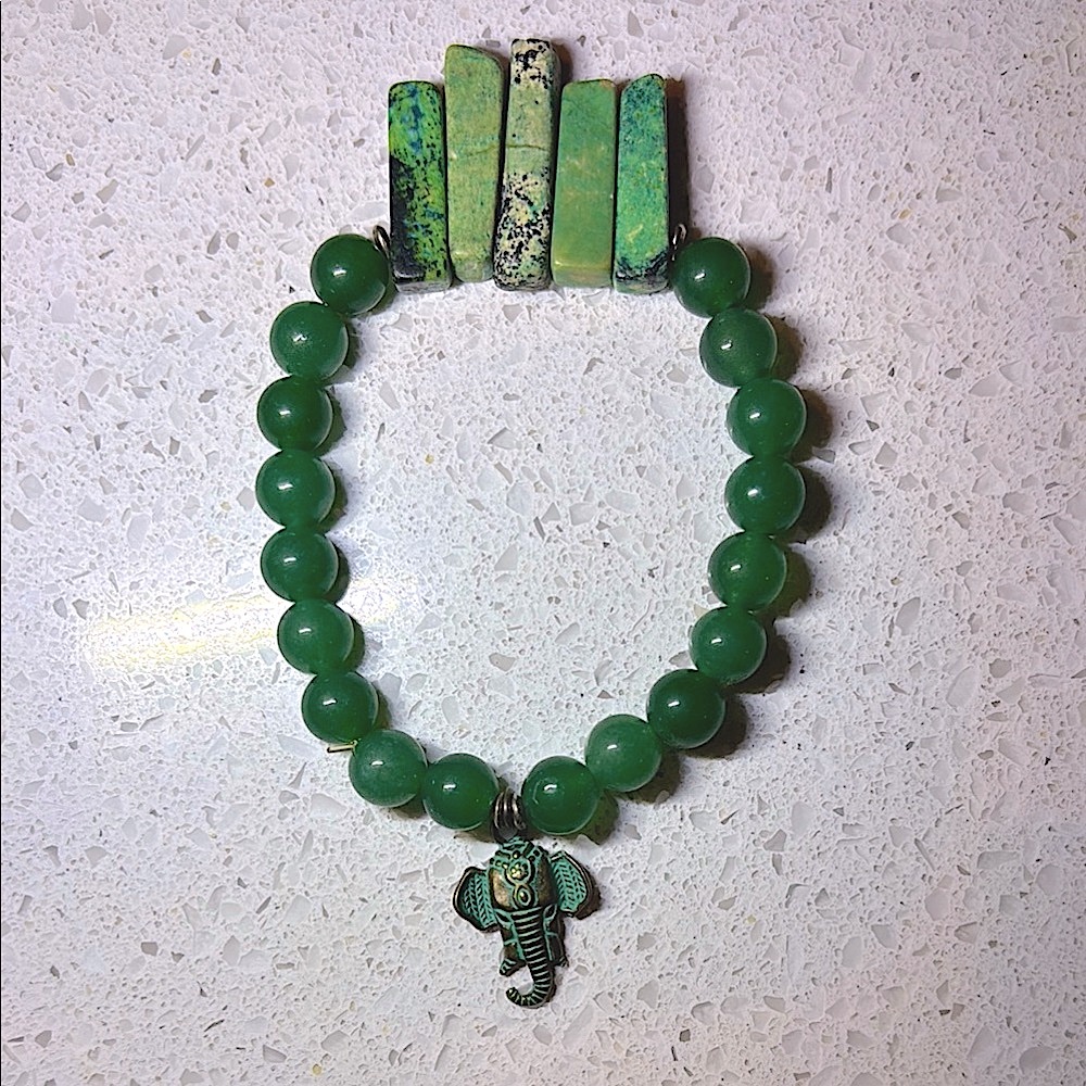 Green Aventurine Beaded Elephant Charm Bracelet